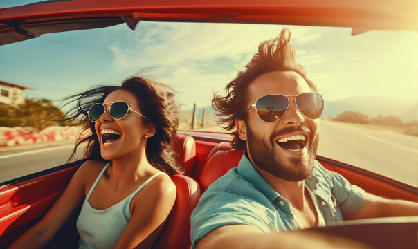 Happy young couple is enjoying ride in a cabriolet car during summer sunny day, active lifestyle concept