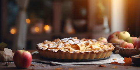 Delicious homemade apple pie on wooden kitchen table, blurred background  - obrazy, fototapety, plakaty