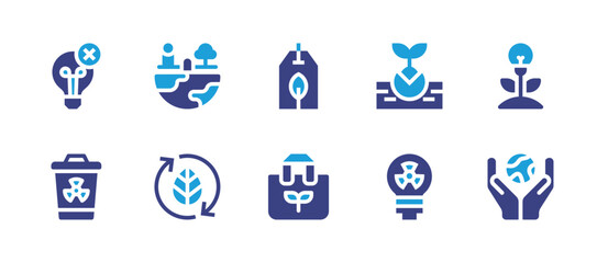 Ecology icon set. Duotone color. Vector illustration. Containing environment, leaf, eco tag, eco bag, bio energy, earth, electricity, trash can, sprout, nuclear energy.