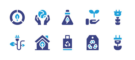 Ecology icon set. Duotone color. Vector illustration. Containing eco friendly, eco energy, care, eco home, green energy, flask, paper bag, plant, tag.