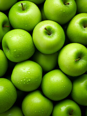 Fresh green apples upper view close up background 