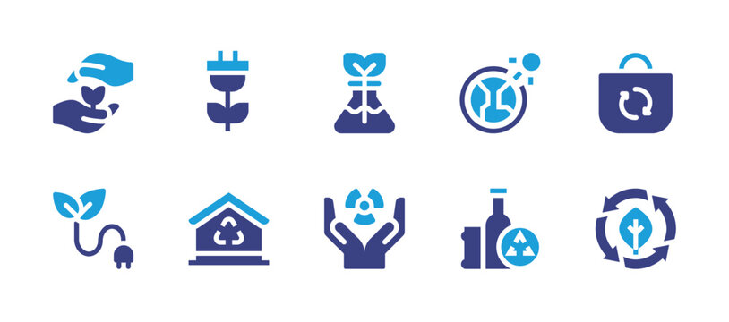 Ecology icon set. Duotone color. Vector illustration. Containing growth, renewable energy, eco, eco house, bag, bio, science, ozone layer, glass, nuclear energy.