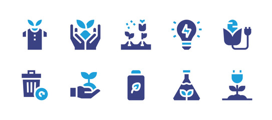 Ecology icon set. Duotone color. Vector illustration. Containing sprout, growth, battery, bio mass, clean energy, energy, flowers, laboratory, clothes, refresh data.