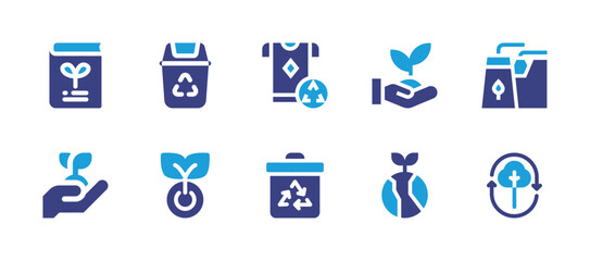 Ecology icon set. Duotone color. Vector illustration. Containing recycle bin, electricity, recycle, factory, biomass energy, grow plant, ecosystem, book, reforestation.
