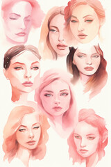 Women faces watercolor illustration horizont