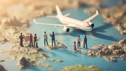 Keuken foto achterwand Miniature people. People waiting for plane on map. Generative AI © BoszyArtis