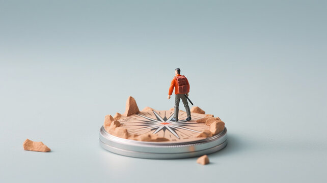 Miniature people. A traveler stand on the compass. Generative AI