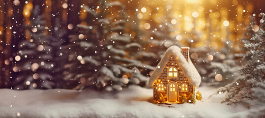 A small fairy tale cottage in a winter snow covered forest, Christmas background with Miniature paper house - obrazy, fototapety, plakaty