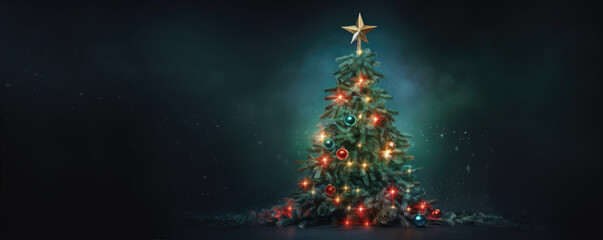 Beautiful christmas tree in dark background. Free space for text