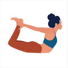 Beautiful young girl doing yoga stretching. Illustration in flat style.