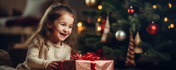 Happy cute girl is surprised in opening his christmas presents. Merry Christmas concept.  - obrazy, fototapety, plakaty