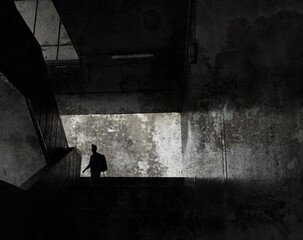 single silhouetted youth in inner city walkway design grunge textured style monochrone