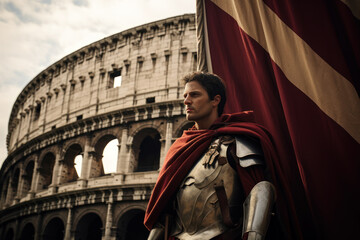 A Legionnaire holding a Roman flag high in the Colosseum, representing the might of the Roman Empire. Generative Ai