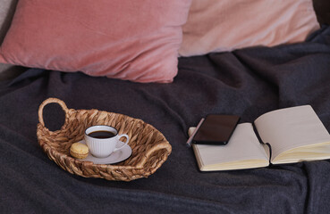 velvet pillows and gray blanket in the evening lighting