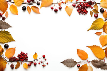 Autumn frame border of leaves and berries on a white background