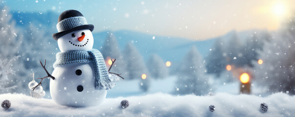 Beautiful snowman in fairytale snowy landscape. Wallpaper and background.