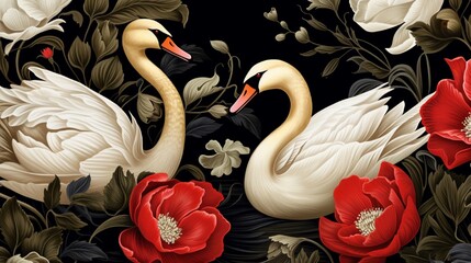 Obraz premium Seamless design with birds, swans, flowers, and water lily leaves. Illustration art in vector format. Engraving from the past. Gold foil, black, white, and red printing. Template for paper, fabrics, 