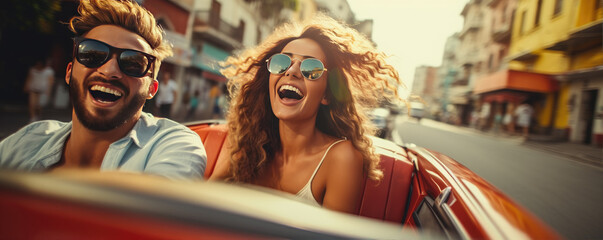 Happy young couple is enjoying ride in a cabriolet car during summer sunny day, active lifestyle concept - obrazy, fototapety, plakaty