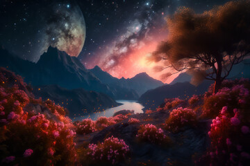 Fototapeta na wymiar Surreal Fantasy Landscape. Generated Image. A digital rendering of a fantastical, surrealistic landscape on a unknown planet at an unknown time.