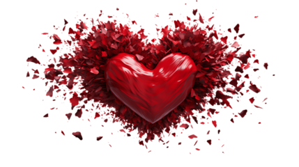 Heart Bursting into Fragments Isolated on Transparent or White Background, PNG