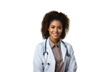 Black female doctor with a stethoscope draped over her shoulder, female physician on a transparent background
