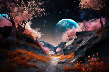 Surreal Fantasy Landscape.  Generated Image.  A digital rendering of a fantastical, surrealistic landscape on a unknown planet at an unknown time.
