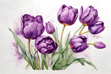 Bouquet of purple tulips on a white background. Watercolor illustration