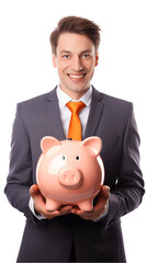 Businessman with Piggy Bank Isolated on Transparent or White Background, PNG