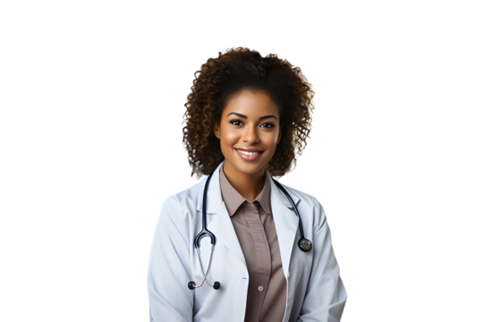 Black female doctor with a stethoscope draped over her shoulder, female physician on a transparent background