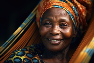 A woman wearing a turban is captured in a moment of joy as she smiles while relaxing in a hammock. This image can be used to convey relaxation, leisure, vacation, or self-care.
