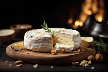 Camembert cheese on a wooden board with nuts and rosemary. Commercial promotional food photo