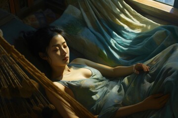 Obraz premium A woman is pictured laying in a hammock with her eyes closed, enjoying a moment of relaxation. This image can be used to depict leisure, tranquility, vacations, or self-care.