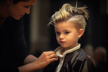 A little boy is getting his hair cut by a woman. This image can be used to depict a haircut at a salon or to illustrate a mother or sibling cutting a child's hair at home.