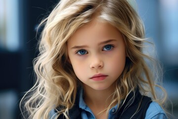 Fototapeta premium A sweet and innocent little girl with beautiful blonde hair and captivating blue eyes. Perfect for family, childhood, or portrait concepts.