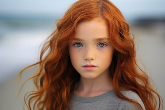 A close up view of a young girl with vibrant red hair. This image captures the beauty and uniqueness of her red locks. Perfect for fashion, beauty, or lifestyle themes.