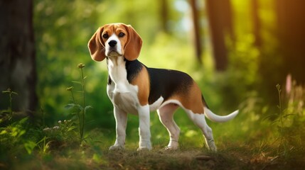 Naklejka na ściany i meble Show a beagle dog on a natural green background.