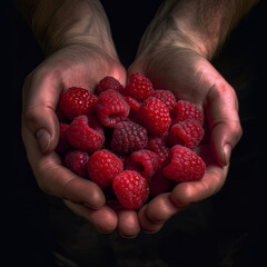 Powerful hands cradle a harvest of luscious raspberries.