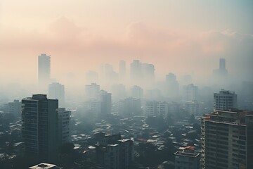 Obraz premium Haze covered city buildings, smoke, pollution, global warming concept, gloomy sky, clouds