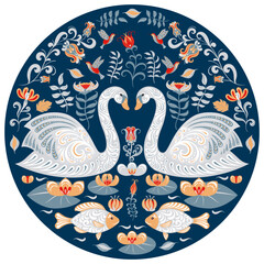 Swans, fish, hummingbirds, flowers and leaves. Circular decorative ornament. Folk art.