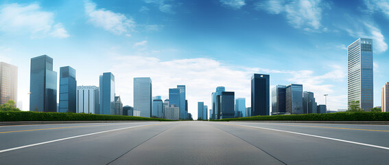 Panoramic Skyline And Far away buildings with empty roads.