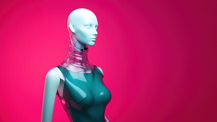Naked female upper body mannequin sculpture made from shiny translucent turquoise color acrylic, futuristic fashion window dressing doll, minimal magenta studio background.
