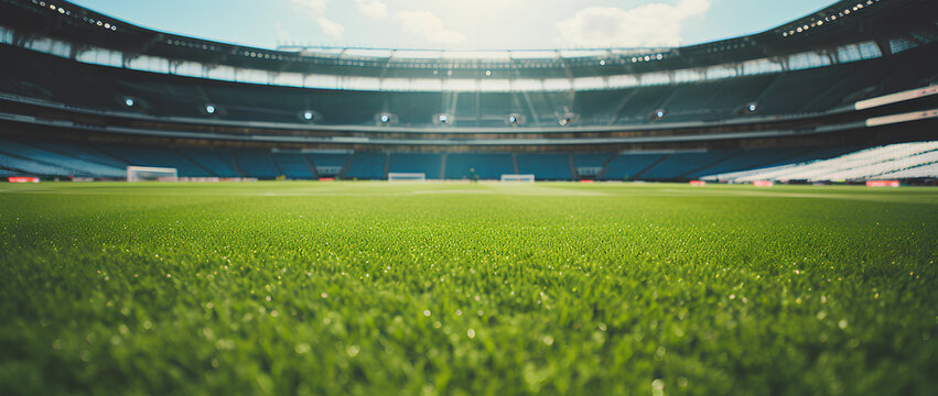 soccer stadium with green grass, illumination lights and dra