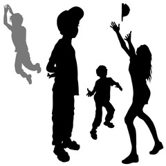 Vector silhouettes of an adult and child 6 years old. The son and mother raised their hands up and caught baseball cap, boys stood with their hands behind their backs, child jumped off and flies down