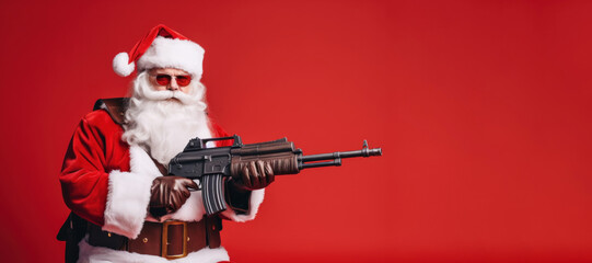 New Year's surprise! Cool, groovy Santa Claus, on guard of peace and Christmas with a machine gun....
