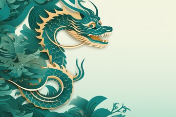 Traditional Asian dragon flying, gold on green colors. 2024 Chinese New Year zodiac sign. vector. Design concept for eastern style print, packaging. Line art.