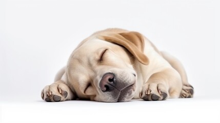 Isolated on white, a sleeping dog in a unique stance. White Labrador sleeping with paw over nose. Pets in amusing circumstances.