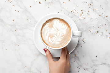 Coffee with shaped foam in a white cup on a marble table. - obrazy, fototapety, plakaty