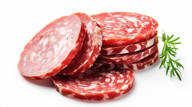 salami slices on a white backdrop.