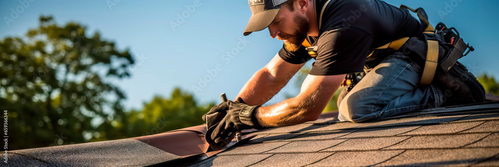 Wall mural repairing damaged shingles and sealing roof leaks, emphasizing the importance of a sound roof in hom