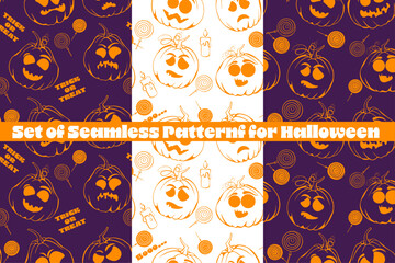 Fototapeta premium vector seamless pattern with hand drawn halloween elements and pumpkins. set of seamless patterns